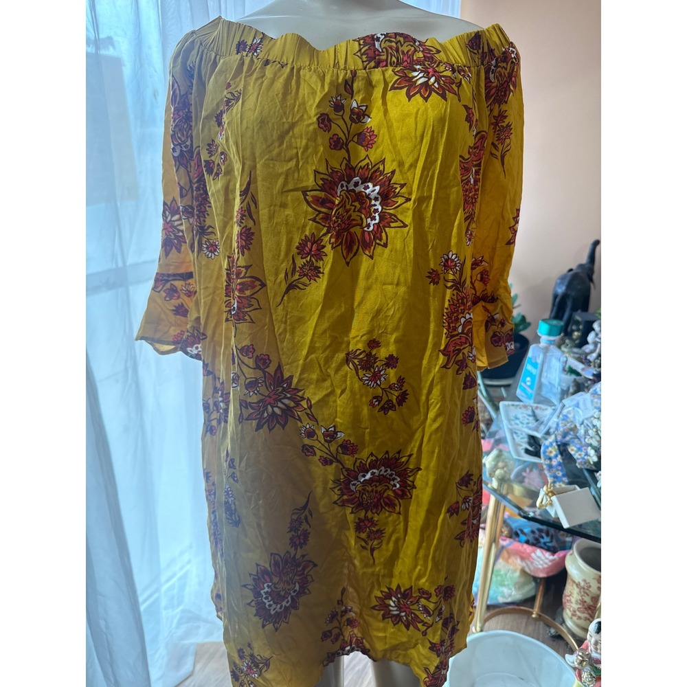 Old Navy Mustard Yellow Floral Off The Shoulder Shift Mini Dress Large Womens